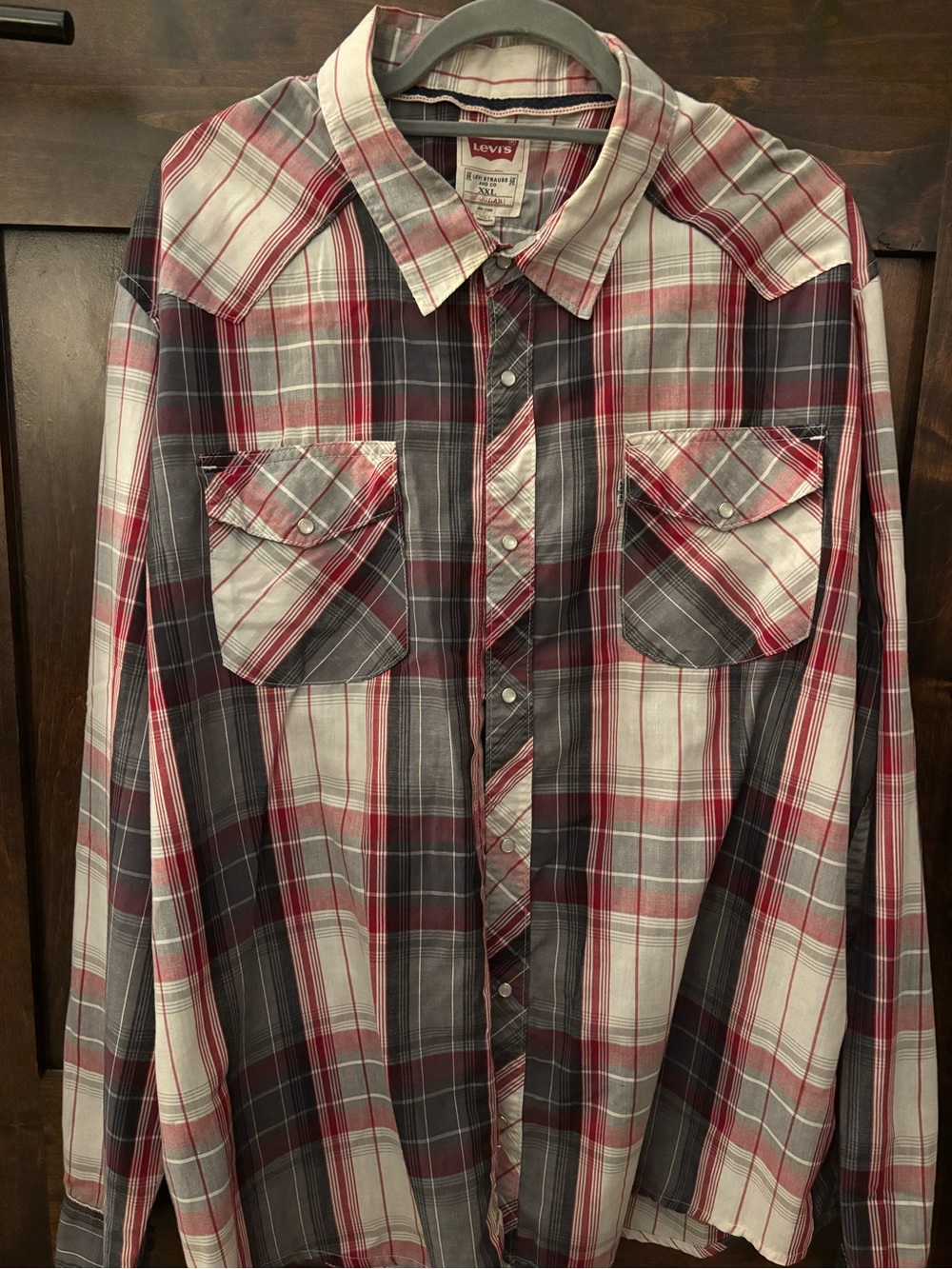 Levi's Men's Red and Gray Plaid Button-Up Shirt